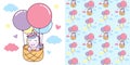 Unicorn ride basket with Air Balloon with seamless pattern Illustration