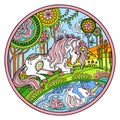 Unicorn on the river bank ornate color round vector illustration