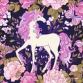 The unicorn, roses and butterflies Seamless pattern in pink, pur