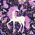 The unicorn, roses and butterflies Seamless pattern in pink, pur