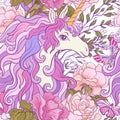 The unicorn, roses and butterflies Seamless pattern in pink, pur