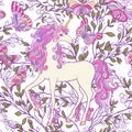 The unicorn, roses and butterflies Seamless pattern in pink, pur