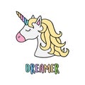 Unicorn`s head with rainbow horn with writing Dreamer