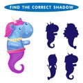 Unicorn seahorse Find the correct shadow kids educational puzzle game The Theme Of Mermaids vector illustration