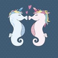 Unicorn seahorses kissing with heart vector illustration