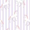 Unicorn seamless pattern. Unicorns with rainbow mane and horn on flat purple background with stars. Vector illustration Royalty Free Stock Photo