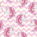 Unicorn seamless pattern. Unicorns with rainbow mane and horn on flat purple background with stars. Vector illustration Royalty Free Stock Photo
