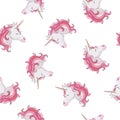 Unicorn seamless pattern. Unicorns with rainbow mane and horn on flat purple background with stars. Vector illustration Royalty Free Stock Photo