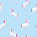 Unicorn seamless pattern. Unicorns with rainbow mane and horn on flat purple background with stars. Vector illustration