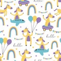 Unicorn seamless pattern with unique character, balloon, rainbow, and plane. Design for kids and baby fashion textile print