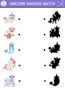 Unicorn shadow matching activity with animals with horns. Magic world puzzle with cute characters. Find correct silhouette