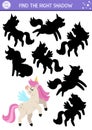 Unicorn shadow matching activity with cute horse with horn, pink mane, wings. Magic world puzzle with cute character. Find correct