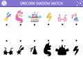 Unicorn shadow matching activity with rainbow cake, birthday cap, falling star. Magic world puzzle with cute characters. Find Royalty Free Stock Photo