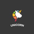 Unicorn silhouette head logo with colorful hair, mythical fantasy unicorn horse icon symbol illustration