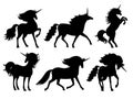 Unicorn silhouettes. Vector unicorns silhouette set isolated on white, mysterious horse animal, cute horsy myth spirit Royalty Free Stock Photo