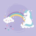 Unicorn sitting on rainbow cloud with hearts fantasy magic dream cute cartoon