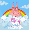 Unicorn at sky castle bright rainbow background