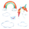 Unicorn in the sky watercolor isolated on white background , Hand drawn character for Kids, Royalty Free Stock Photo