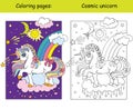 Unicorn standing on cloud at night sky coloring