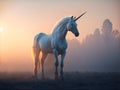 Unicorn standing on the grass at a foggy sunset