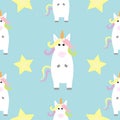 Unicorn standing Kawaii head face. Star Pastel color. Cute cartoon baby character. Funny horse. Seamless Pattern. Wrapping paper, Royalty Free Stock Photo