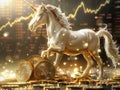 Unicorn standing of a pile of various cryptocurrency tokens