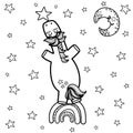 Unicorn standing on a rainbow pulls out a star from the sky. Magic coloring page