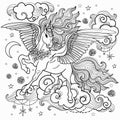 Beautiful unicorn with a long mane. Black and White. For coloring. For the design of graphic prints, illustrations.Vector Royalty Free Stock Photo