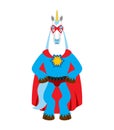 Unicorn superhero. Super Magic horse in mask and raincoat. Strong animal