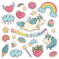 Unicorn sweet set of stickers, pins, patches in cartoon colorful comic style.