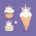 Unicorn sweets. Ice cream, cupcake and color rainbow cake with cartoon unicorns. Fantastic horses or pony desserts
