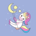 Unicorn on a swing in the sky.Vector illustration