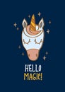 Unicorn Template Poster, Card, Flyer. Hello magic lettering. Cute cartoon vector illustration. Birthday baby shower party Royalty Free Stock Photo