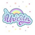 Unicorn text as logotype, badge, patch and icon isolated on white background.