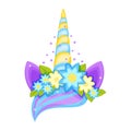 Unicorn tiara  with different flowers, ears and horn. Royalty Free Stock Photo