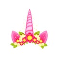 Unicorn tiara with different flowers, ears and horn. Royalty Free Stock Photo