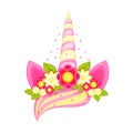 Unicorn tiara with different flowers, ears and horn. Royalty Free Stock Photo