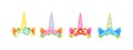 Unicorn tiara set with different flowers, earns and horns. Royalty Free Stock Photo