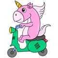 A unicorn is traveling on a vespa scooter motorcycle, doodle icon image kawaii