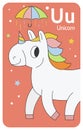 Unicorn U letter. A-Z Alphabet collection with cute cartoon animals in 2D. Unicorn jogging under umbrella. White unicorn