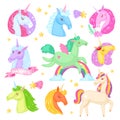 Unicorn vector cartoon kids character of girlish horse with horn and colorful ponytail in love illustration set of