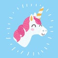 Unicorn vector icon isolated on white. Head portrait horse sticker, patch badge. Cute magic cartoon fantasy cute animal. Royalty Free Stock Photo