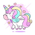 Unicorn vector icon isolated on white. Head portrait horse sticker, patch badge. Magic cartoon fantasy cute animal. Rainbow hair. Royalty Free Stock Photo