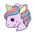 Unicorn vector icon isolated white. Head portrait horse sticker, patch badge. Magic cartoon fantasy cute animal. Rainbow hair. Royalty Free Stock Photo