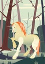 Unicorn vector illustration. Banner with white Unicorn on forest background. Magical animal illustration.