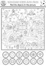 Unicorn vector searching game with magic village landscape. Spot hidden objects. Black and white fairytale world seek and find