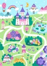 Unicorn village map. Fairytale background. Vector magic country scenes infographic elements with castle, rainbow, forest, pond, Royalty Free Stock Photo