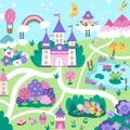 Unicorn village map. Fairytale background. Vector magic country scenes infographic elements with castle, rainbow, forest, pond,