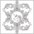 Unicorn in vintage decorative floral mandala frame. Royalty Free Stock Photo