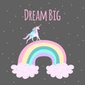 Unicorn walking on rainbow with sleeping girl, dream big, inspirational card, vector illustration Royalty Free Stock Photo